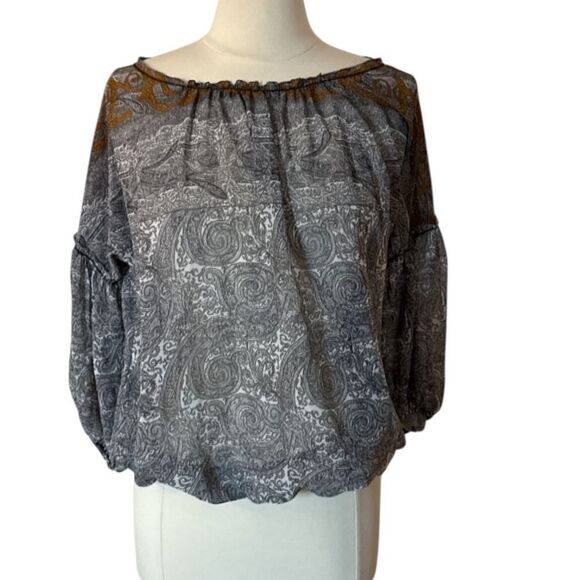 Studio M Neiman Marcus Sheer Paisley Blouse L‎ Boho Balloon Sleeve - Picture 4 of 4